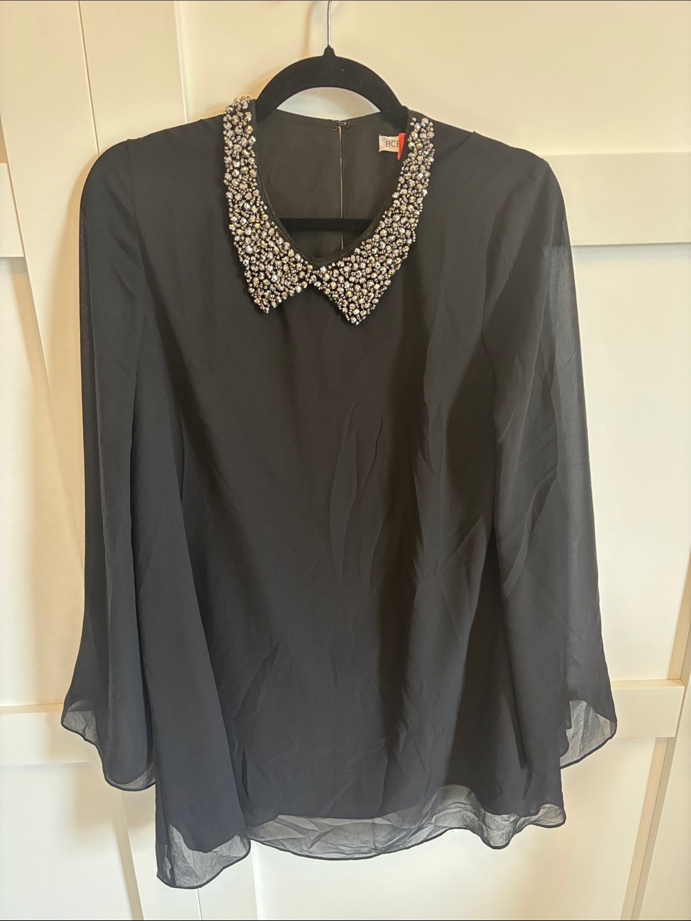 BCBGeneration Black Chiffon Mini Dress with Beaded Collar
